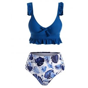 

Ruffle Knot Floral Palm Leaf Lattice Tankini Swimwear, Ocean blue