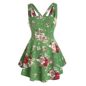 

Plus Size Flower Print Cutout A Line Tunic Tank Top, Green apple