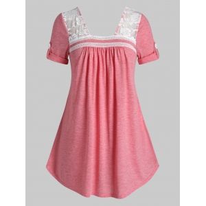 

Plus Size Roll Up Sleeve Lace Insert T Shirt, Light coral