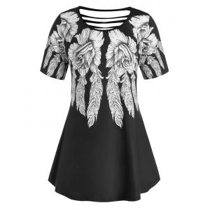 

Plus Size Ripped Floral Feather Print T Shirt, Black