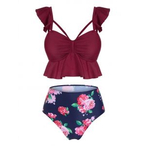 

Floral Print Flounce Padded Tankini Set, Firebrick