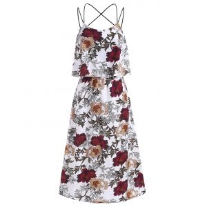 

Floral Print Crisscross Flounce Overlay Cami Dress, White