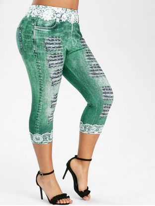 Plus Size 3D Lace Ripped Denim Print Capri Leggings