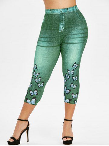 

Plus Size 3D Denim Butterfly Print Capri High Rise Jeggings, Sea turtle green