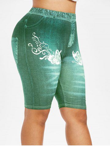 

Plus Size 3D Butterfly Denim Print Biker High Rise Jeggings, Sea turtle green