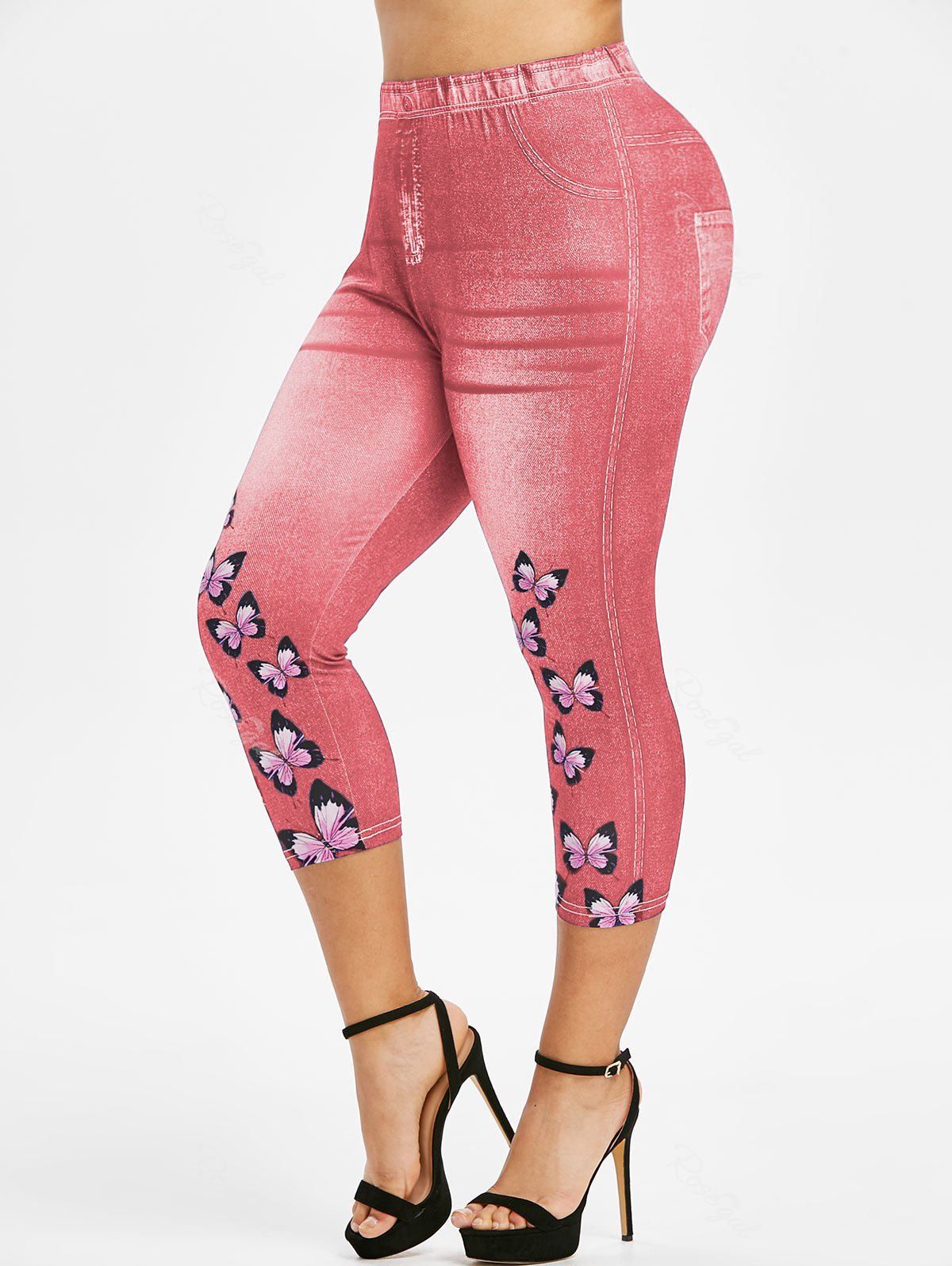 

Plus Size 3D Denim Butterfly Print Capri High Rise Jeggings, Flamingo pink