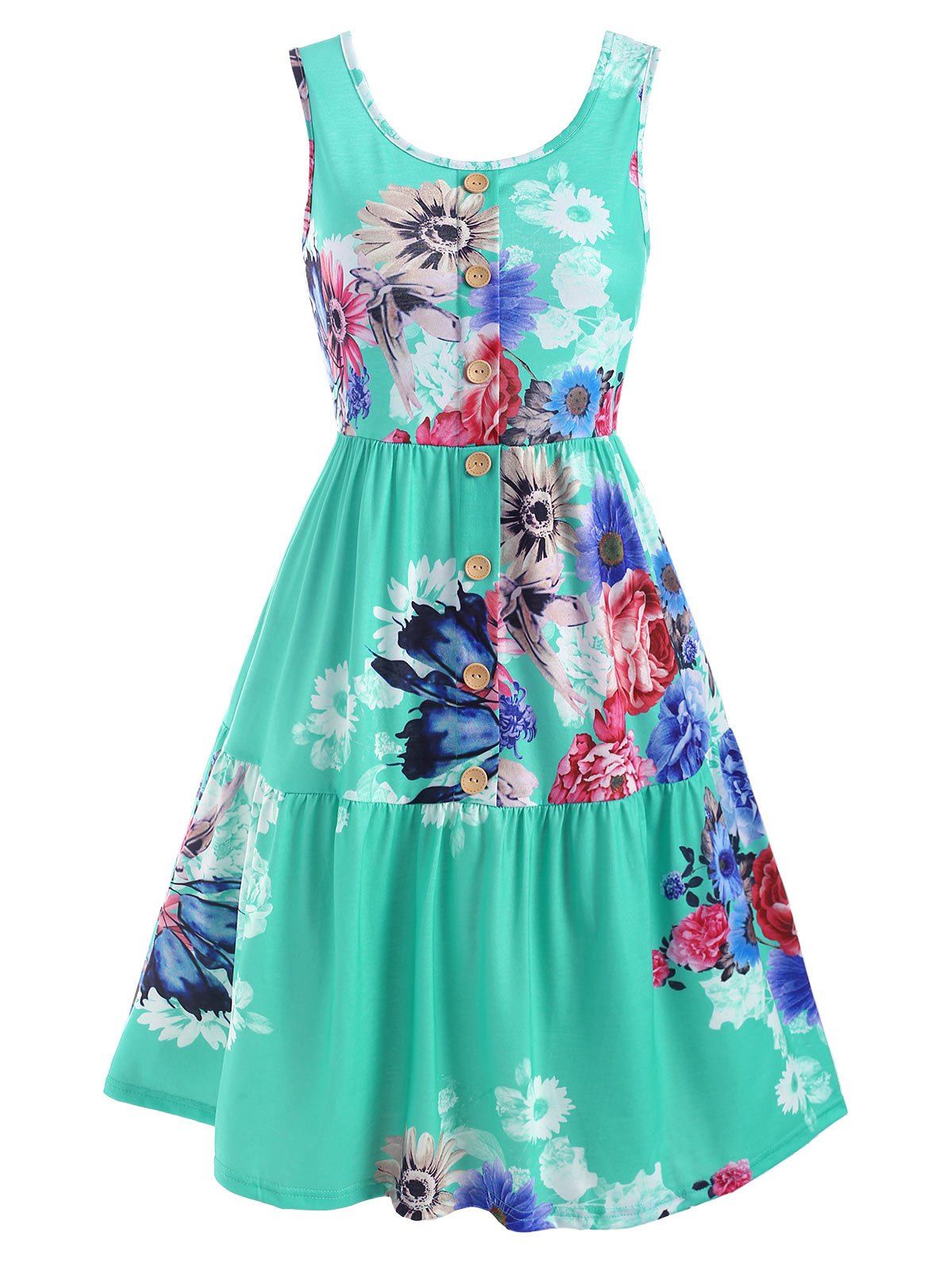 

Floral Mock Buttons Sleeveless Tunic Dress, Celeste