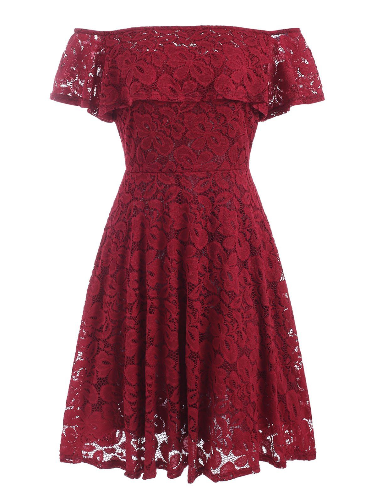 

Off Shoulder Flounces Lace Dress, Red wine