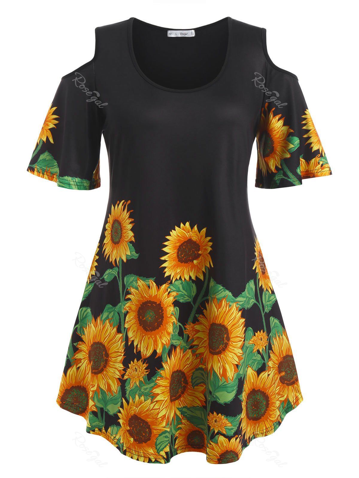 Plus Size Sunflower Print Cold Shoulder Curved Tunic Tee [34 Off