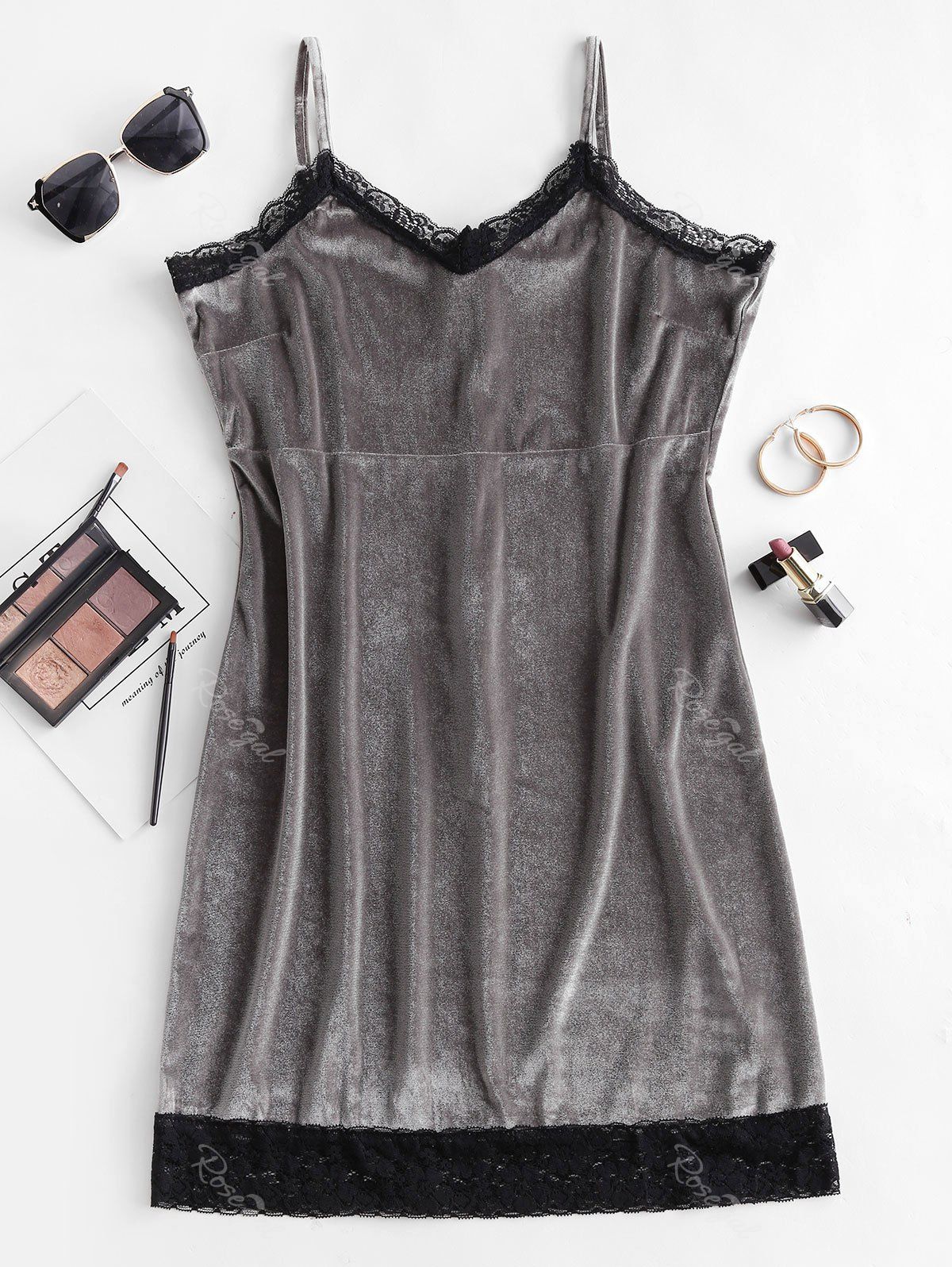 

Lace Panel Velvet Bodycon Cami Dress, Gray