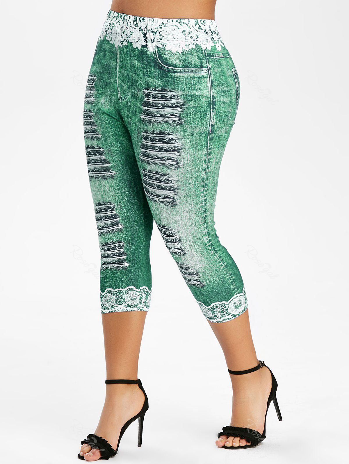 Chic Plus Size 3D Lace Ripped Denim Print Capri Leggings  