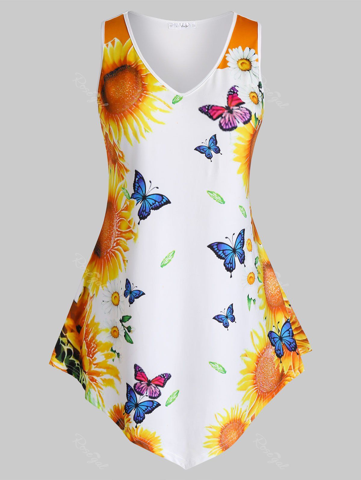 Outfit Plus Size Asymmetric Sunflower Butterfly Print Tank Top  