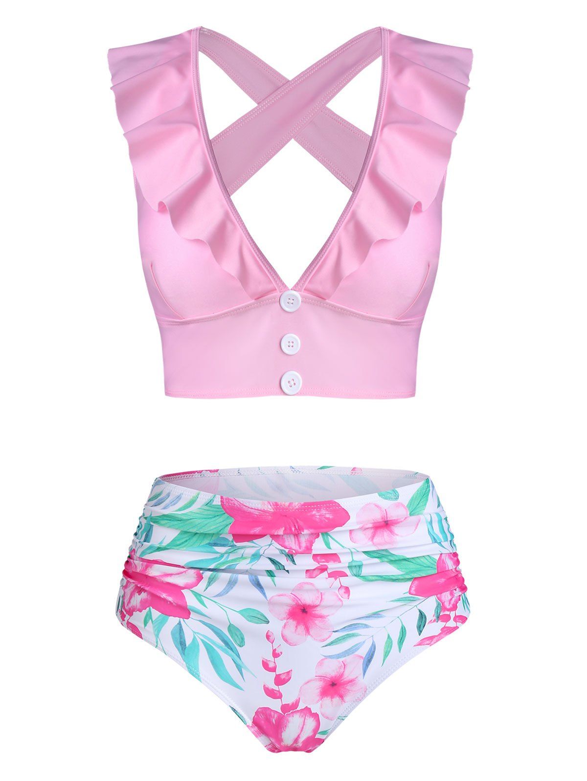 

Floral Print Mock Button Plunging Neck Tankini Swimwear, Pink