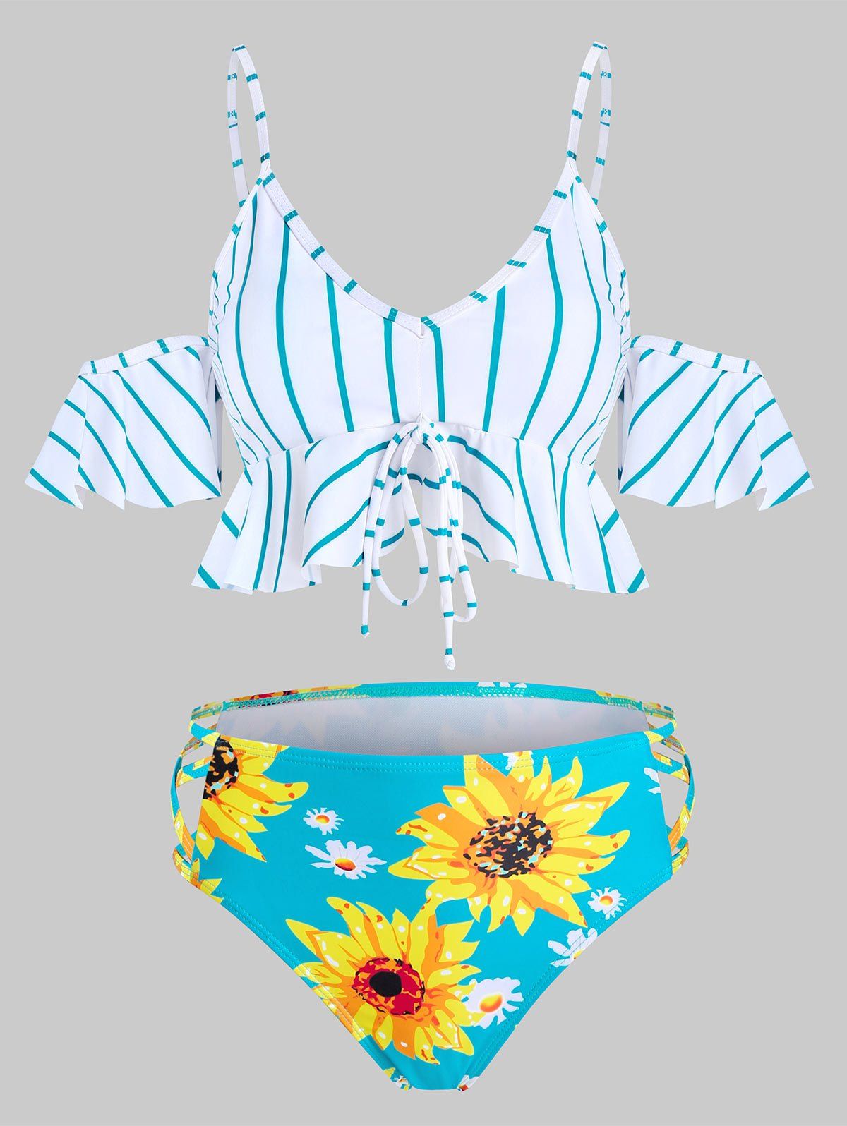 

Floral Striped Bowknot High Waist Tankini Swimwear, Dark turquoise