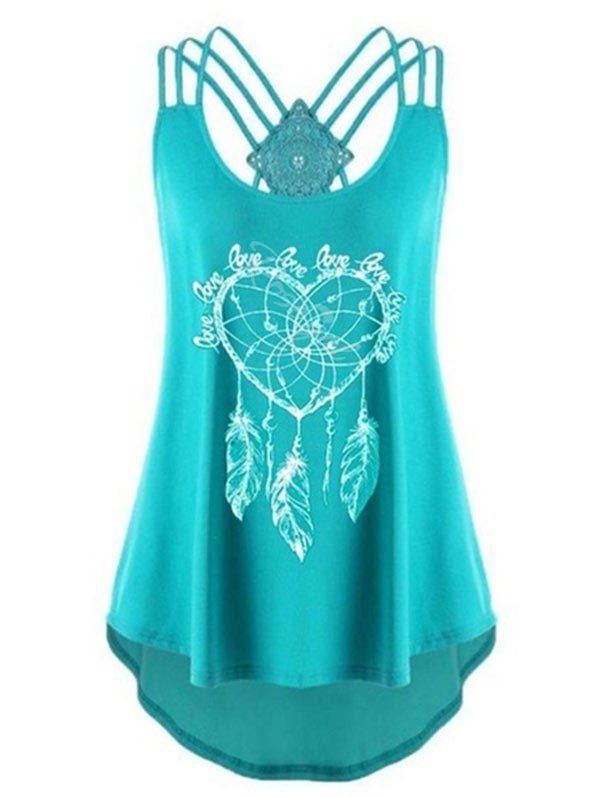 

Plus Size Strappy Feather Print High Low Tank Top, Medium turquoise