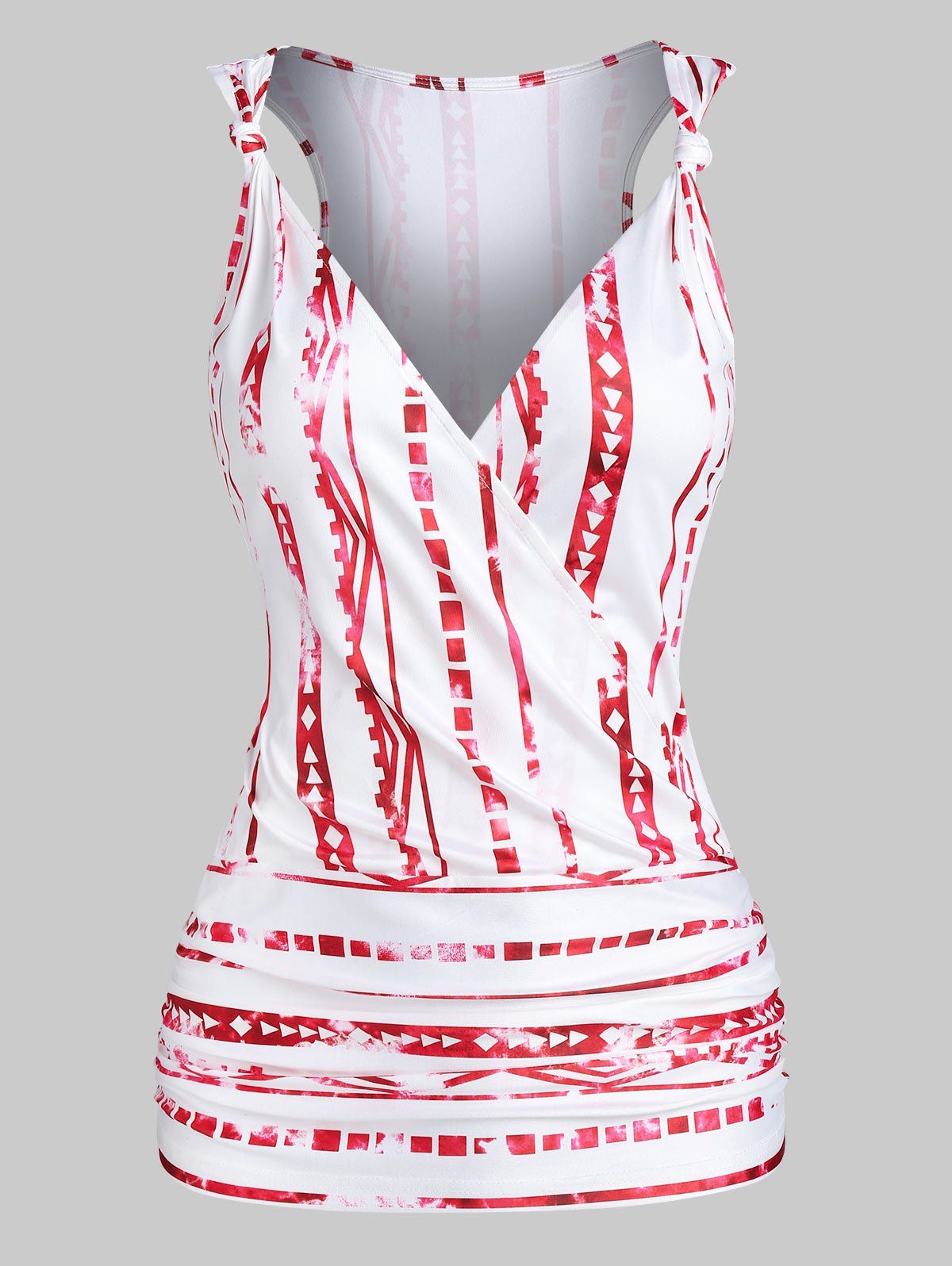 

Geometric Print Knotted Surplice Tank Top, Red