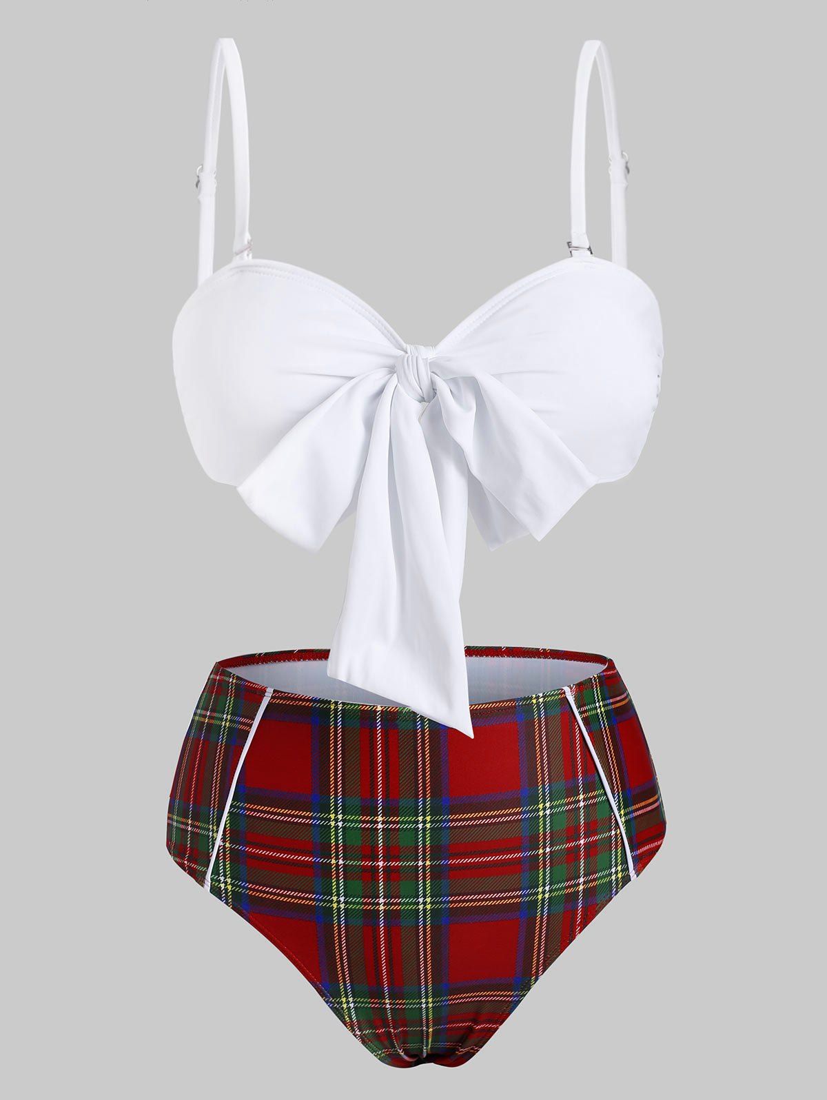 

Knot Plaid Piping High Waisted Bikini Swimwear, White