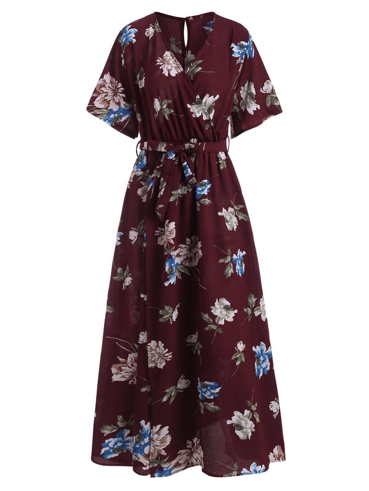 

Floral Print Slit Keyhole Back Plunging Dress, Red wine