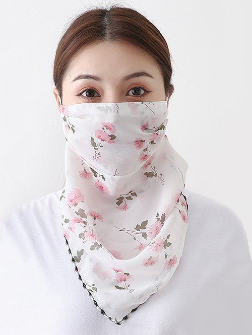 

Floral Print Chiffon Riding Face Mask Scarf, White