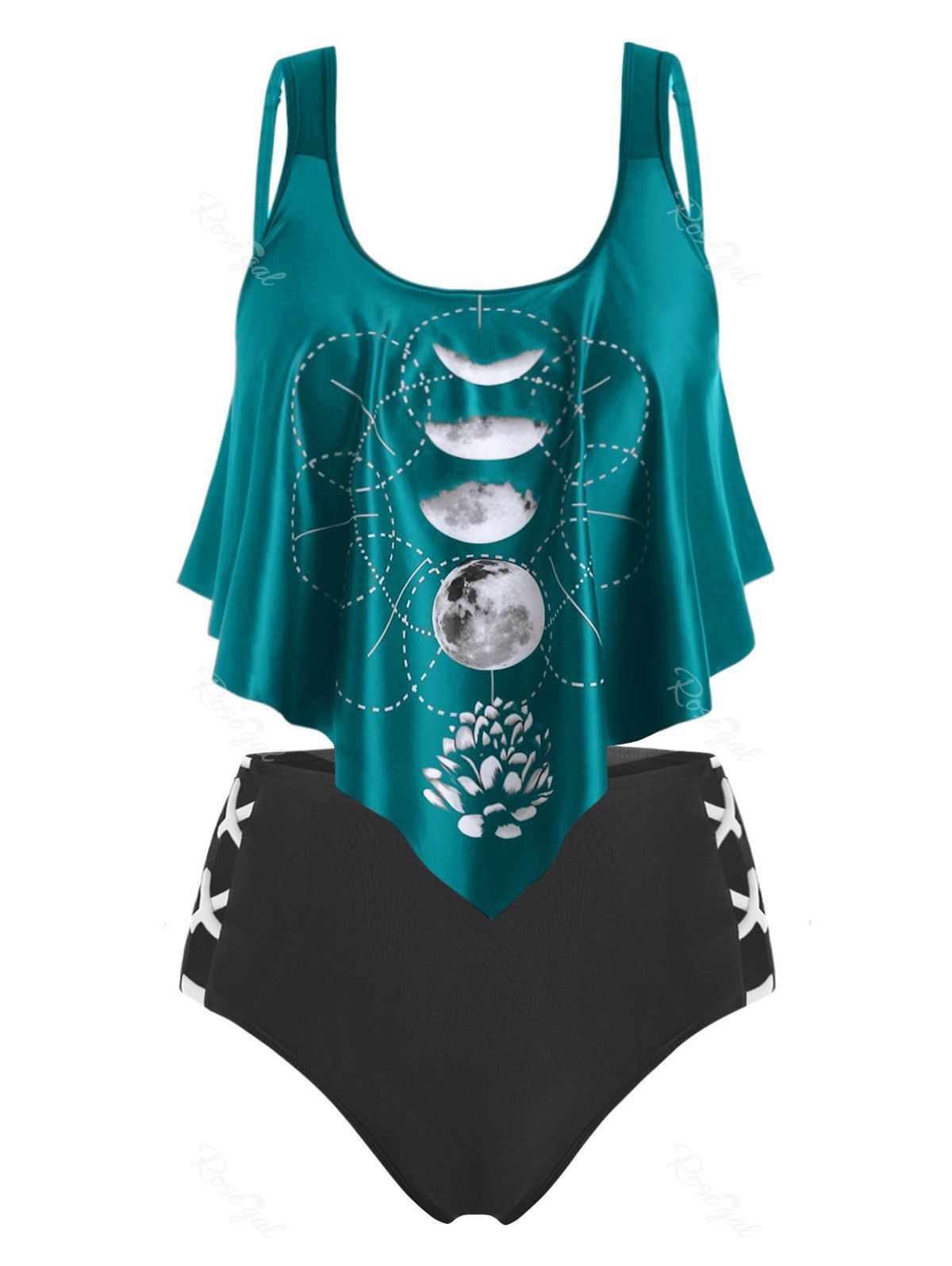 Plus Size Ruffle Moon Phase Print Tankini Swimwear [24% OFF] | Rosegal