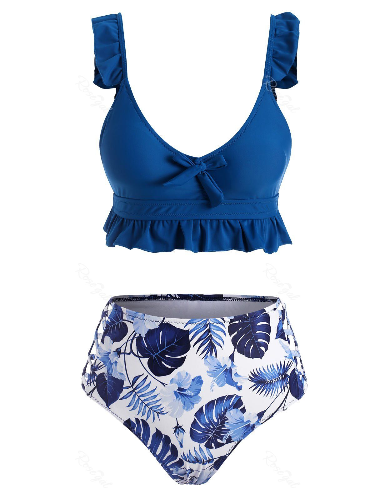 

Ruffle Knot Floral Palm Leaf Lattice Tankini Swimwear, Ocean blue