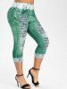 Plus Size 3D Lace Ripped Denim Print Capri Leggings -  