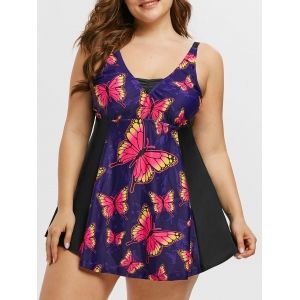 

Plus Size Butterfly Print Skirted Tankini Swimwear, Black