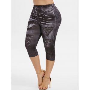 

Plus Size 3D Ripped Jean Print Capri Leggings, Black