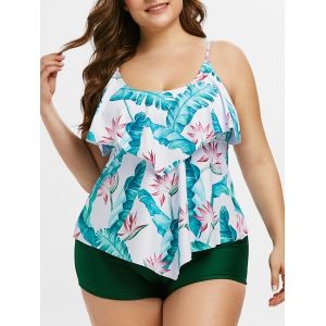 

Plus Size Tropical Print Flounce Overlay Tankini Swimwear, White