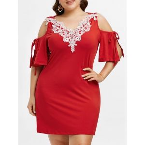 

Plus Size Contrast Lace Open Shoulder Mini Dress, Red