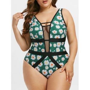 

Plus Size Fishnet Insert Daisy Print One-piece Swimsuit, Deep green