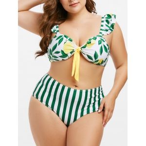 

Plus Size Stripe Leaves Print High Rise Bikini Swimwear, Jungle green