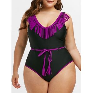 

Plus Size Belted Fringe One-piece Swimsuit, Purple