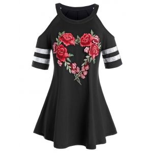 

Plus Size Floral Print Cold Shoulder T Shirt, Black