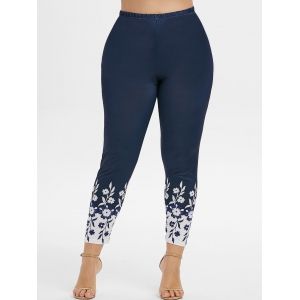 

High Waisted Flower Plus Size Leggings, Deep blue