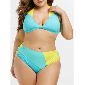 

Plus Size Colorblock Bowknot Halter Bikini Swimwear, Macaw blue green