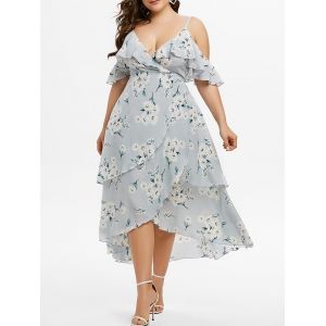 

Plus Size Ruffled Floral Print Open Shoulder Maxi Dress, Baby blue