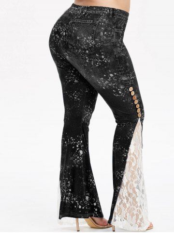 

Plus Size Paint Lace Insert 3D Bell Bottom Leggings, Black