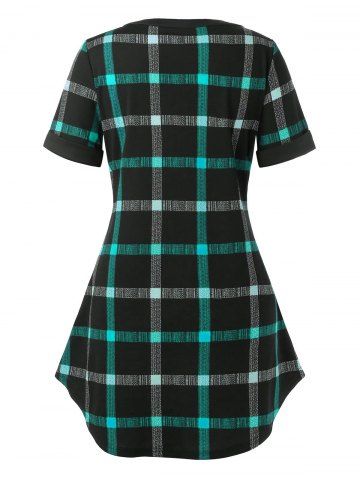 

Plus Size Plaid Print Lace Up Tunic T-shirt, Macaw blue green