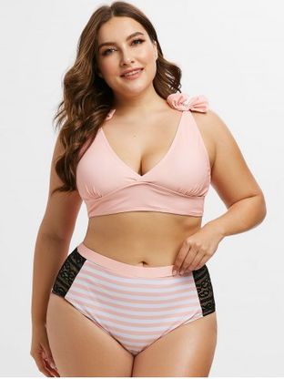 Plus Size Bowknot Lace Panel Striped Bikini Swimsuit