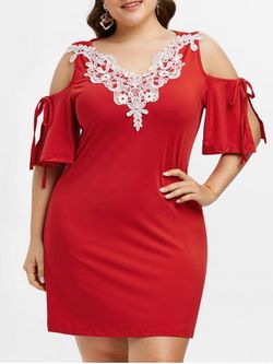 Plus Size Contrast Lace Open Shoulder Mini Dress - RED - L
