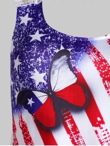 

American Flag Butterfly Print Lace Panel Tank Top, White