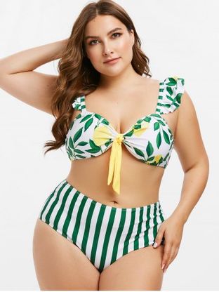 Plus Size Stripe Leaves Print High Rise Bikini Swimwear