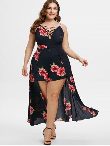 

Plus Size Flower Print Crisscross Overlap Dress Romper, Cadetblue