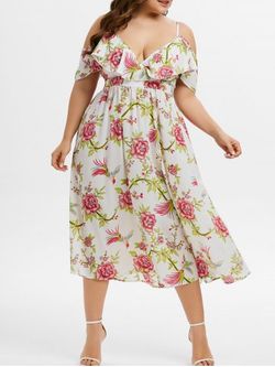 Plus Size Ruffled Open Shoulder Floral Print Dress - WHITE - L