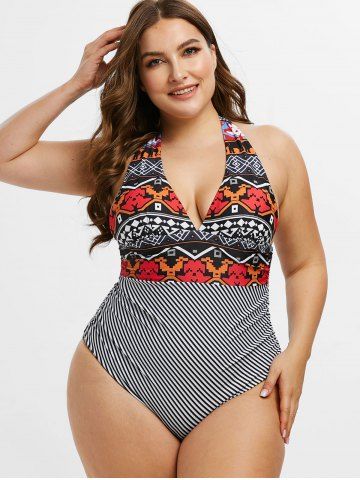 

Plus Size Geo Print Striped Ruched Halter One-piece Swimsuit, Multi