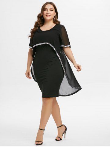 

Plus Size Sequins OL Overlay Chiffon Bodycon Dress, Black