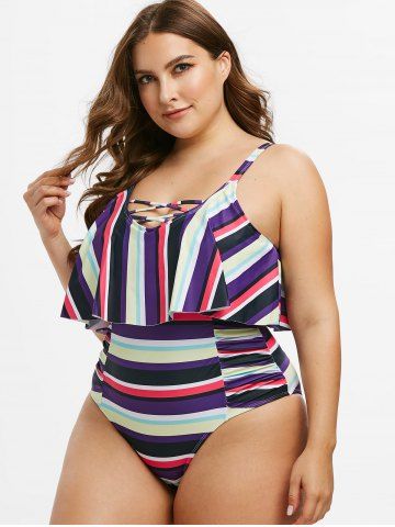 

Plus Size Stripe Crisscross Ruffle One-piece Swimsuit, Multi