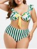 Plus Size Stripe Leaves Print High Rise Bikini Swimwear -  