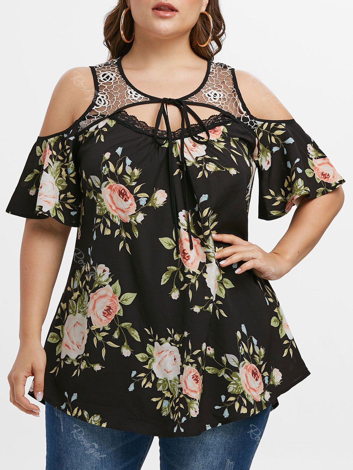 

Plus Size Flower Cold Shoulder Lace Panel Tie Cutout Blouse, Black